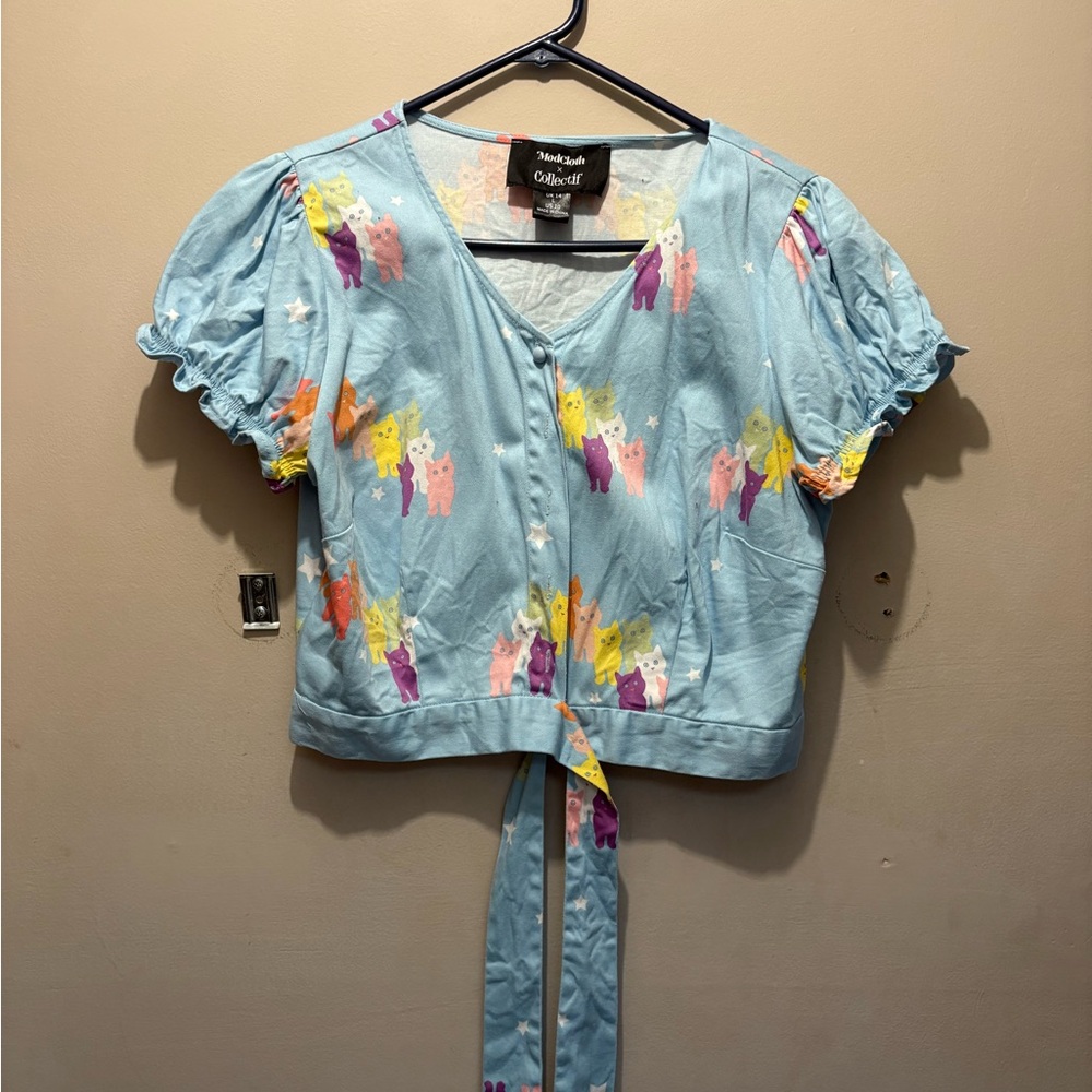 Collectif Light Blue Blouse with Multicolor Bear Print